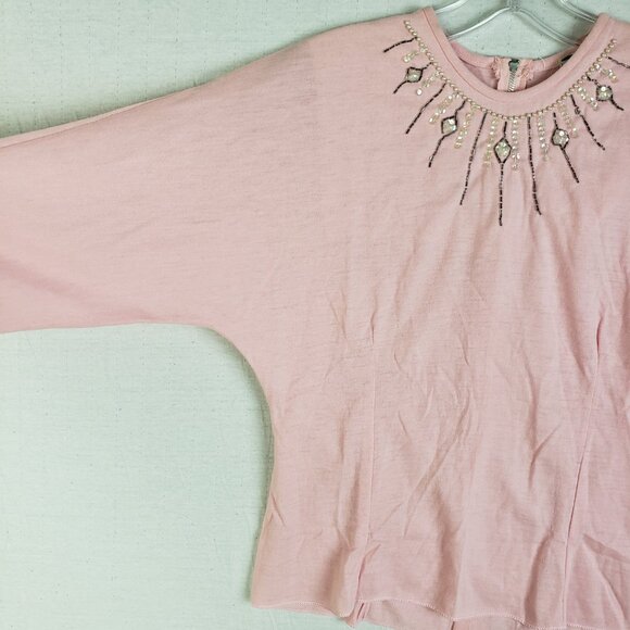 Vintage Union Label 60s 70s Knit Blouse Top Beaded Pastel Pink Half Sleeve M/L - Picture 5 of 11